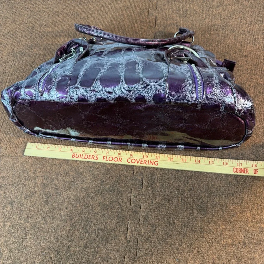 B- Purple Metallic Faux Croc Embossed Satchel Handbag Silver Hardware Top Handle